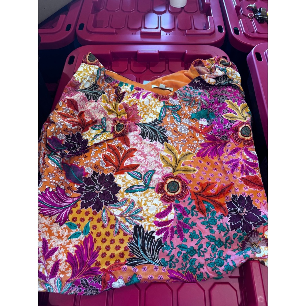 Loft Petites XXL Orange Multi Floral Paisley V-Neck Short Sleeve Blouse NWT